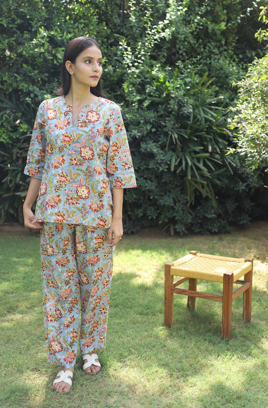 Summer Love Hand block printed Kurta jammies 2 pc set