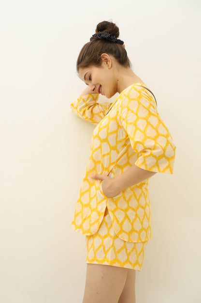 Classic Yellow Hand Block Printed Kurta Shorts Set