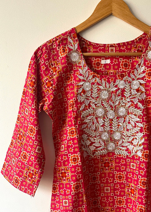 Long Kurta with Embroidered Neck - Rani Pink