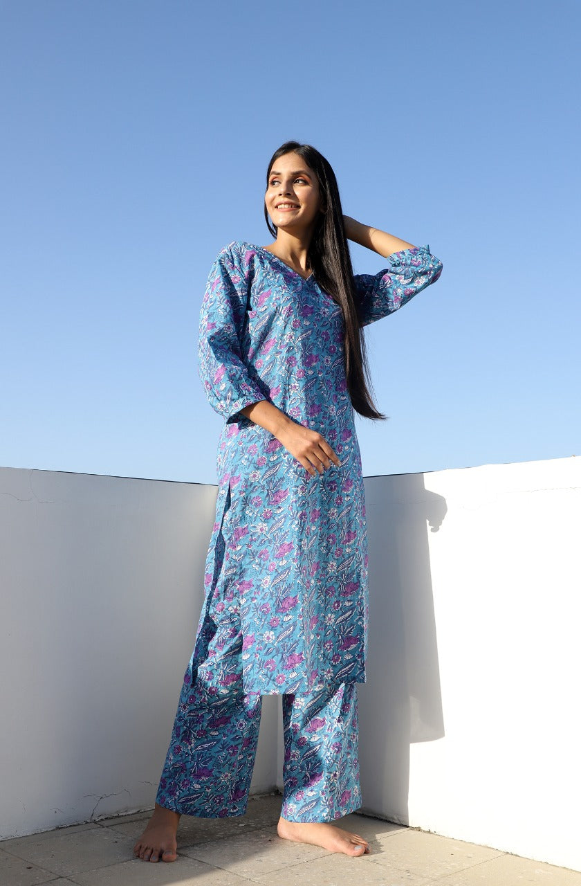 Flora Hand Block Printed Long Kurta Set