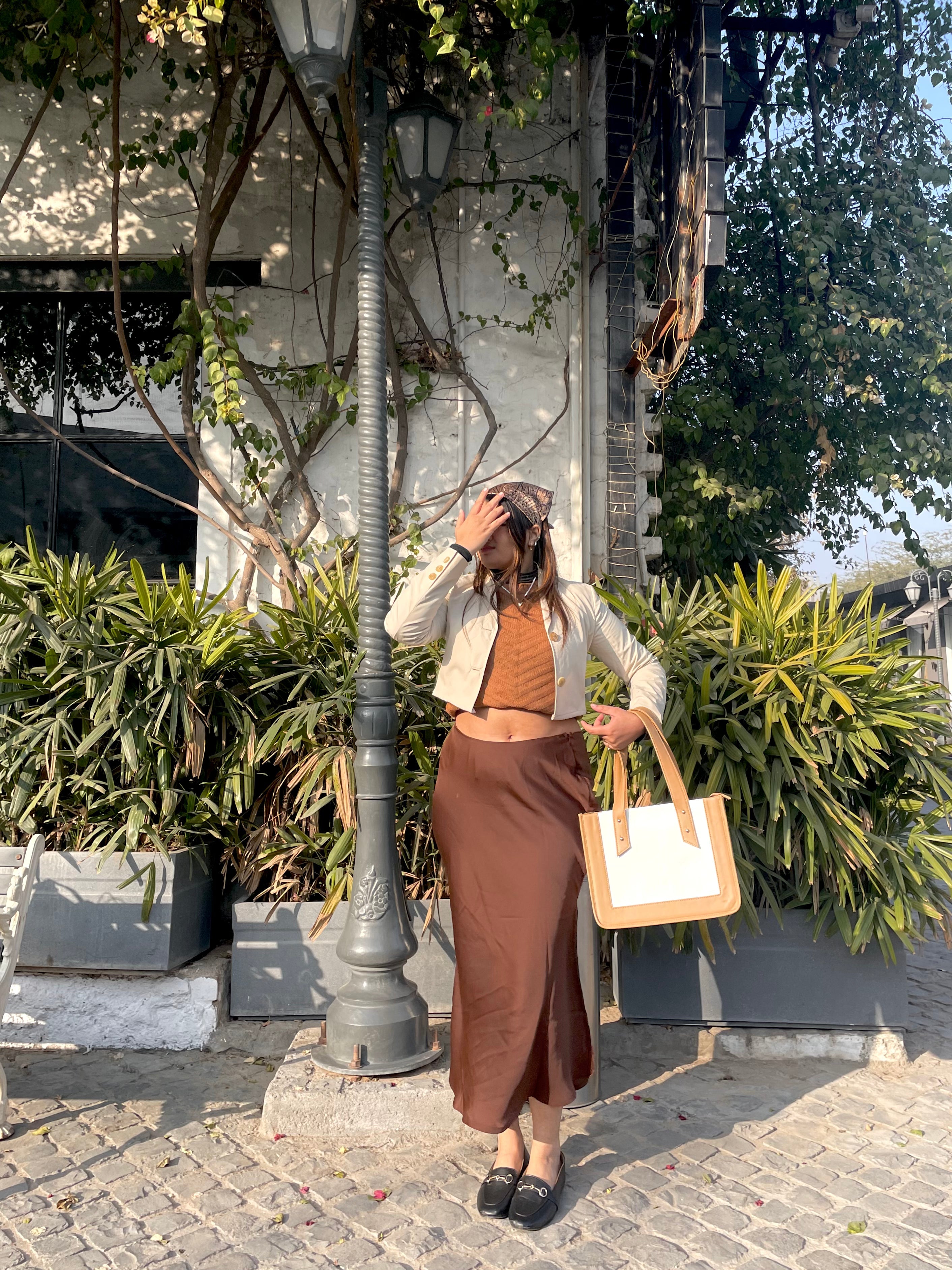 Brown skirt and white top hotsell