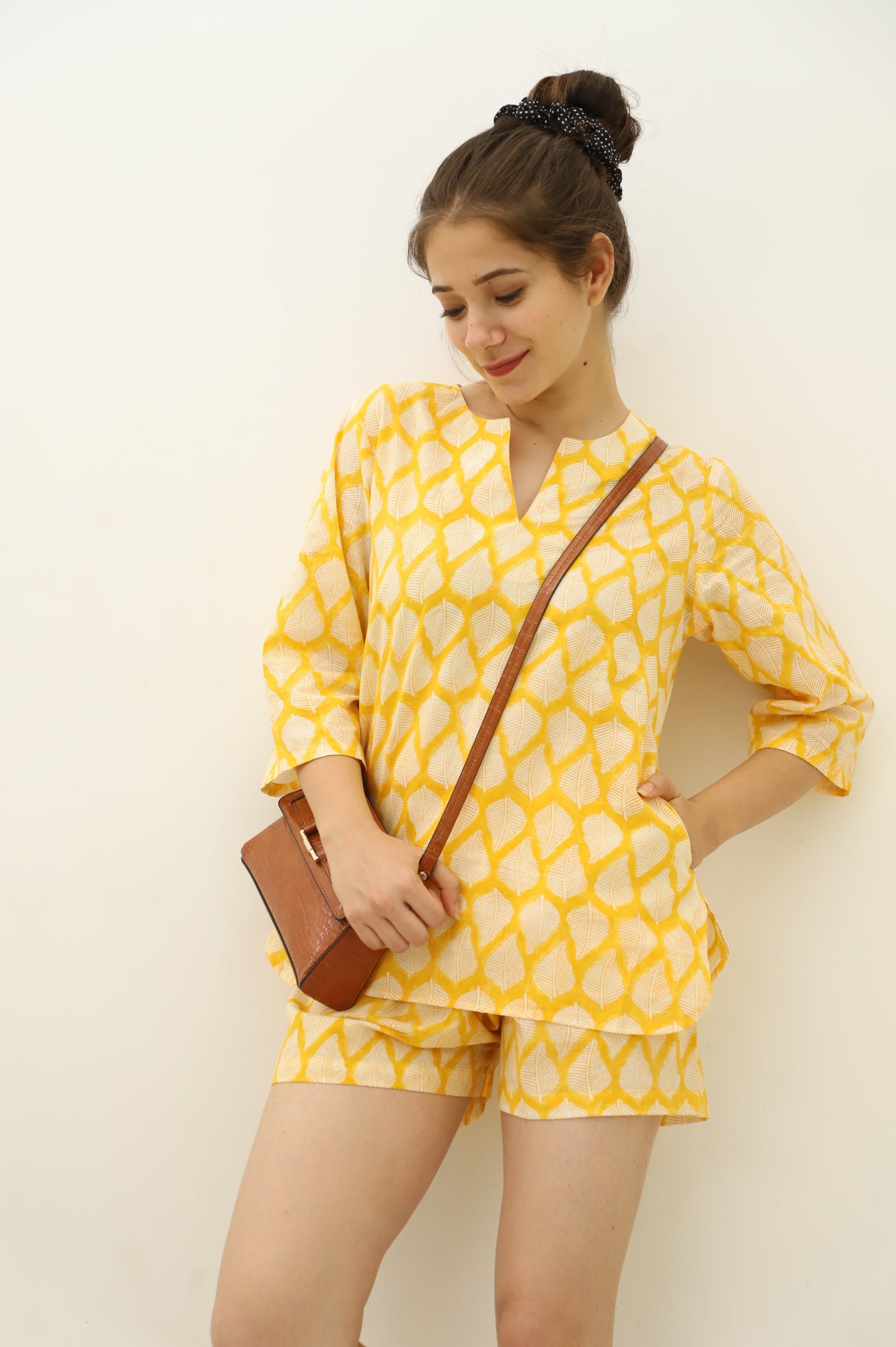 Classic Yellow Hand Block Printed Kurta Shorts Set