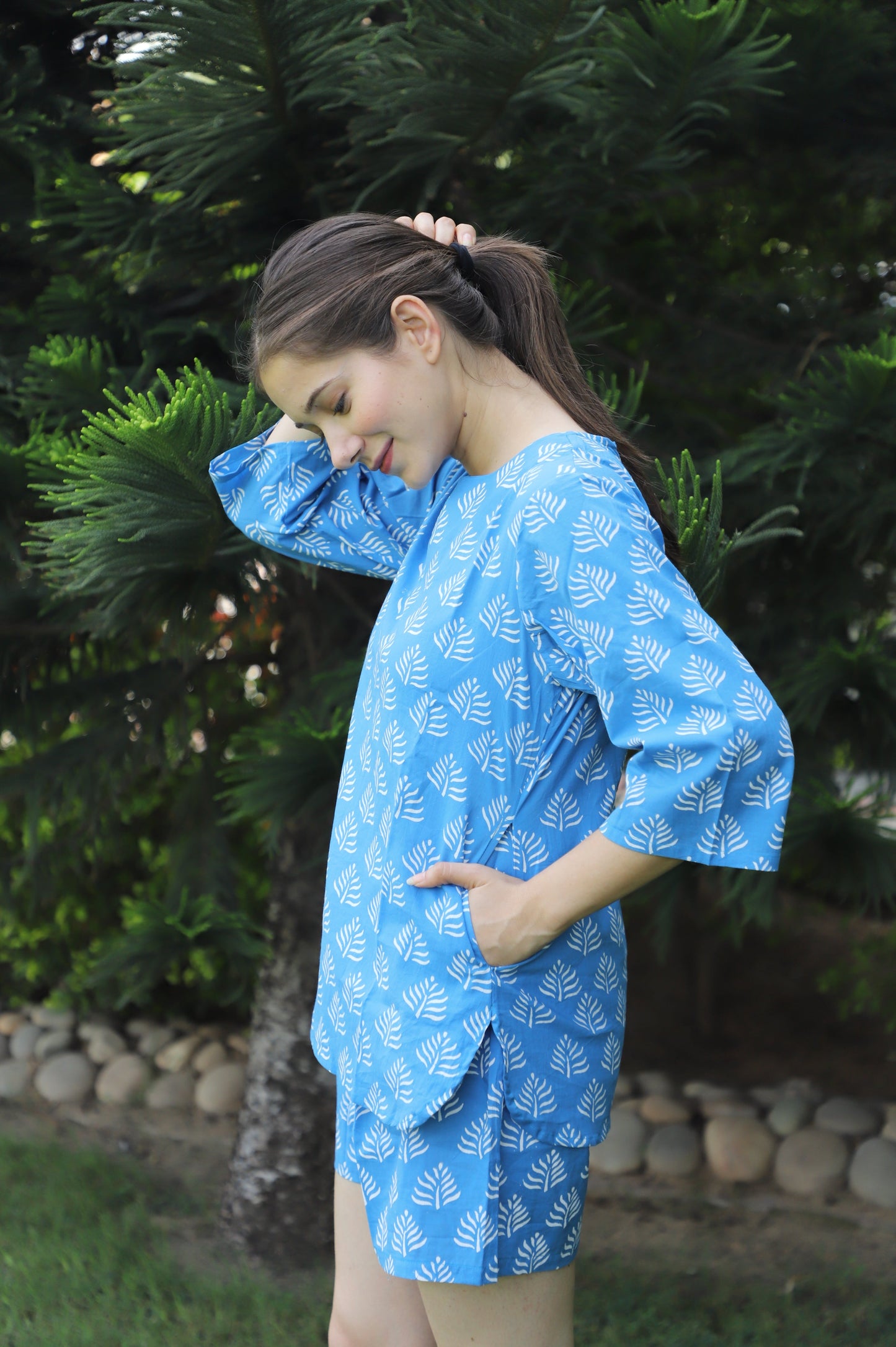 Love-in-a-mist Hand Block Printed Cotton Kurta Shorts Set