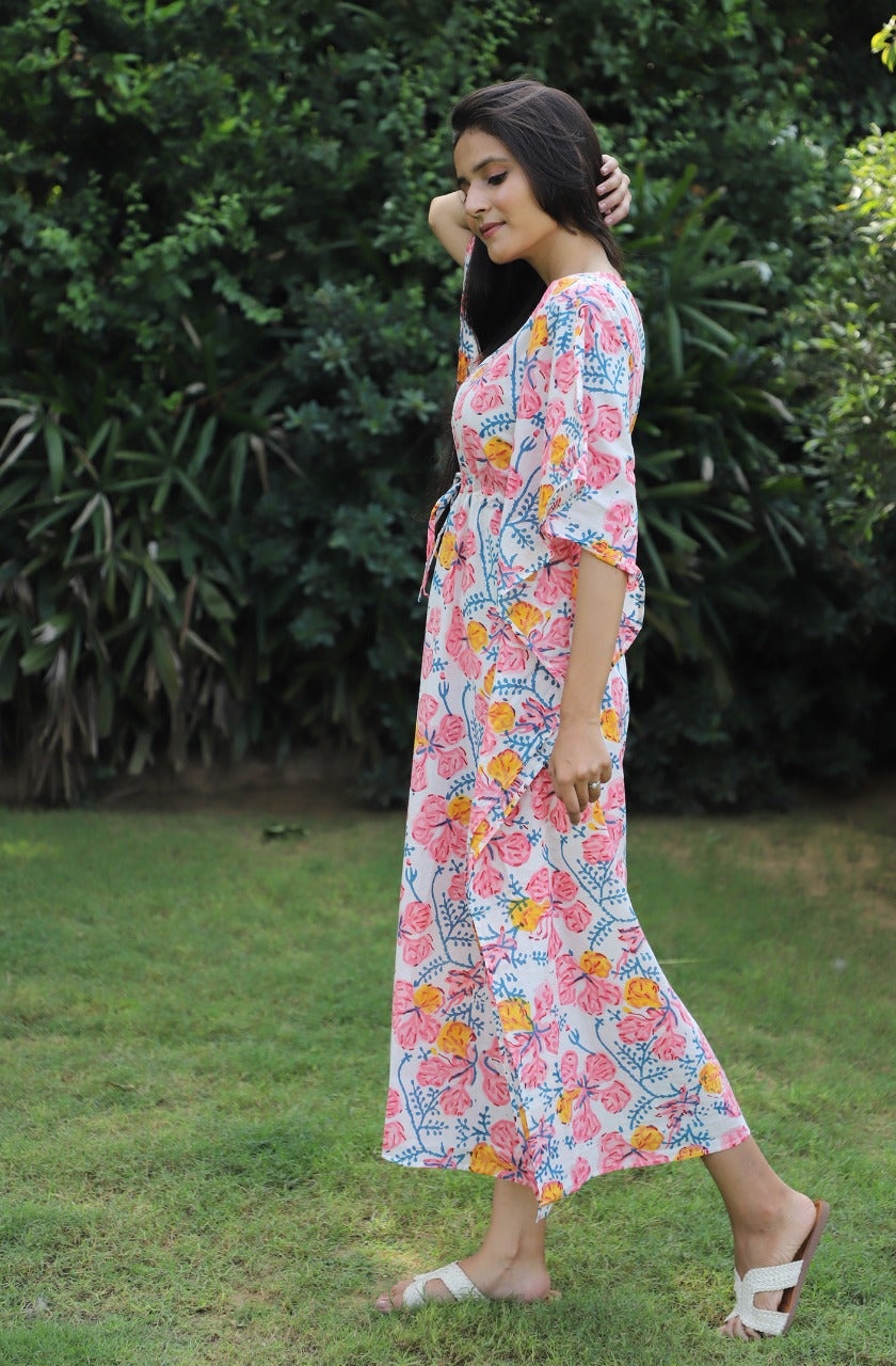 Let Loose Hand Block Printed cotton Ankle Length Kaftan