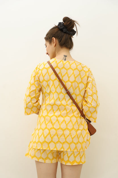 Classic Yellow Hand Block Printed Kurta Shorts Set