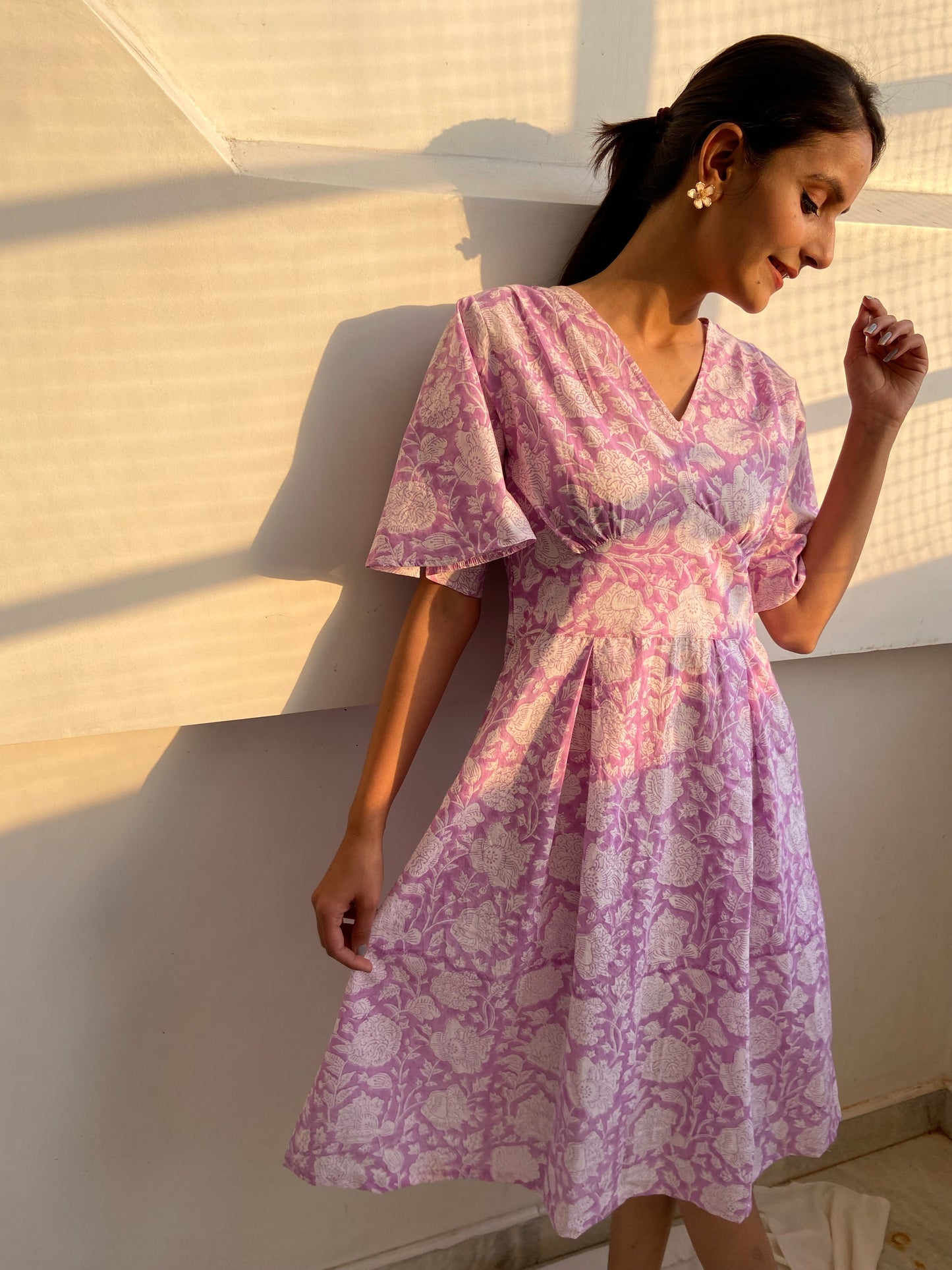 Sunshine Hand Block Printed Frill Sleeve Cotton Dress