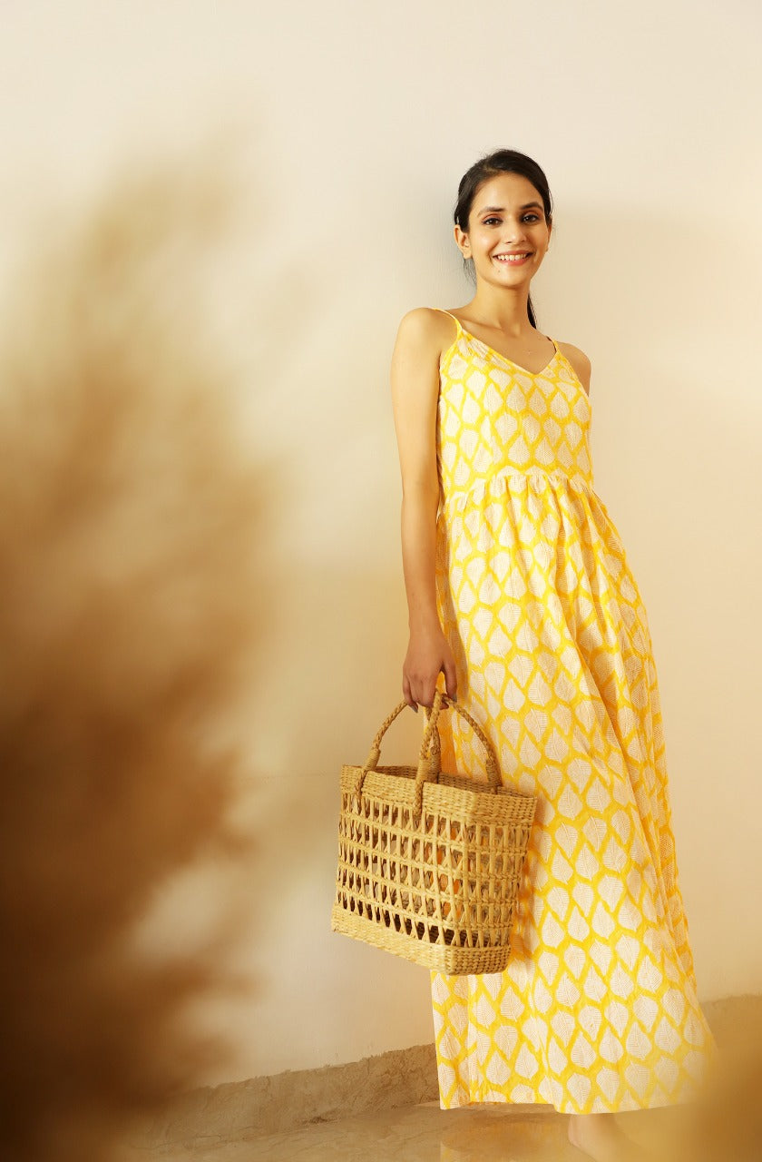 Macha Hand Block Printed Gathered Long dress