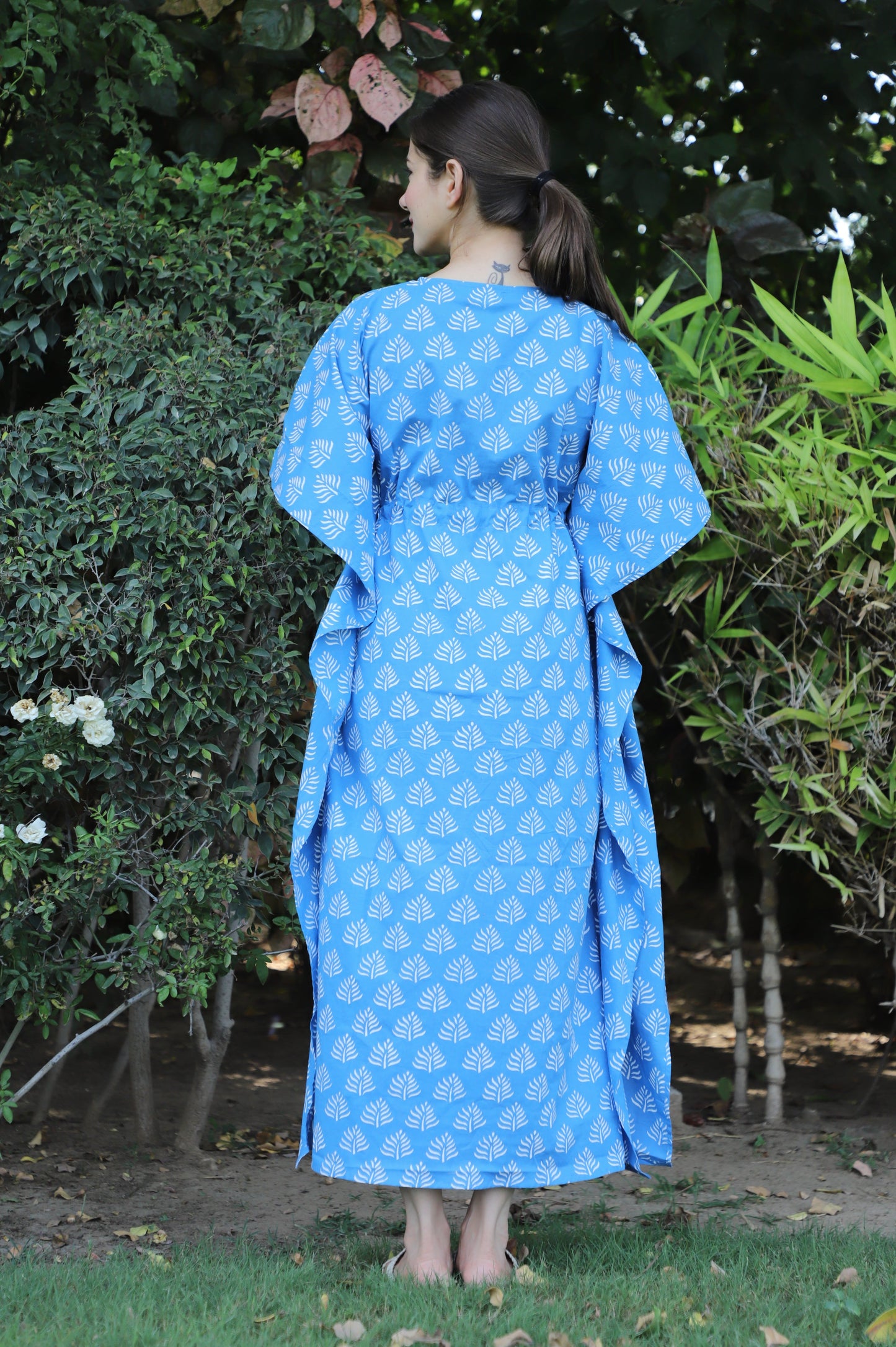 Mousha Blue Hand Block Printed Ankle Length Cotton Kaftan