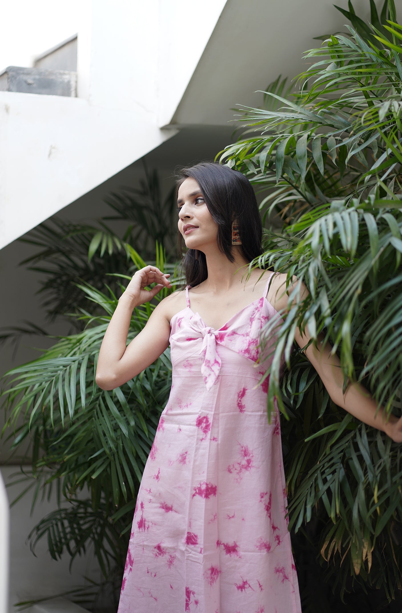 Fancy tie dye front knot slip dress