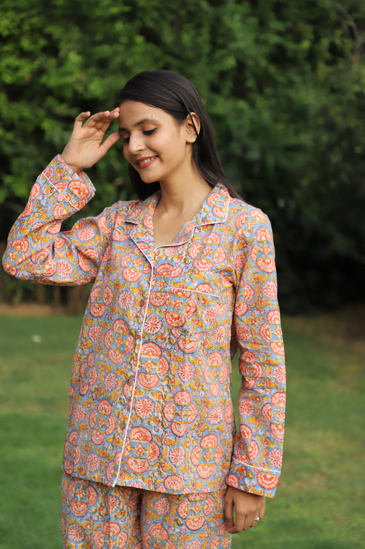 Kesari Hand Block Printed COTTON Full Jammies Set