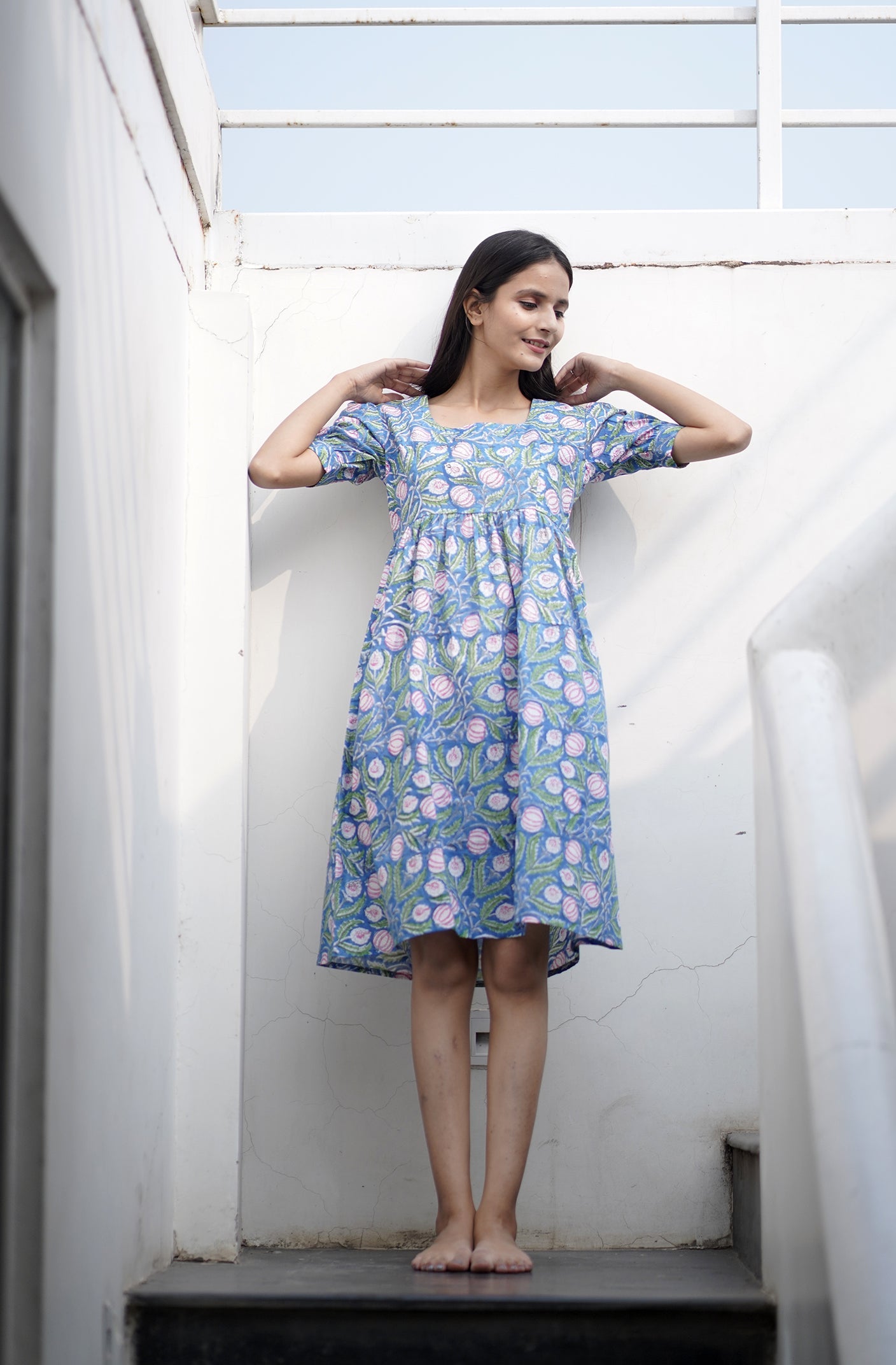 Indigo Beige Coral Hand Block Printed Cotton Dress With Full Sleeves - –  InduBindu