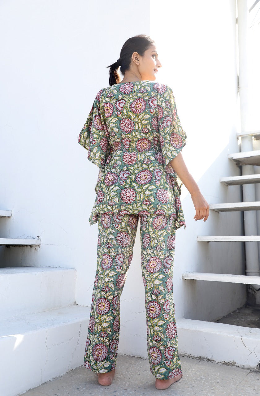 Laila Hand Block Printed Cotton Kaftan Jammies set