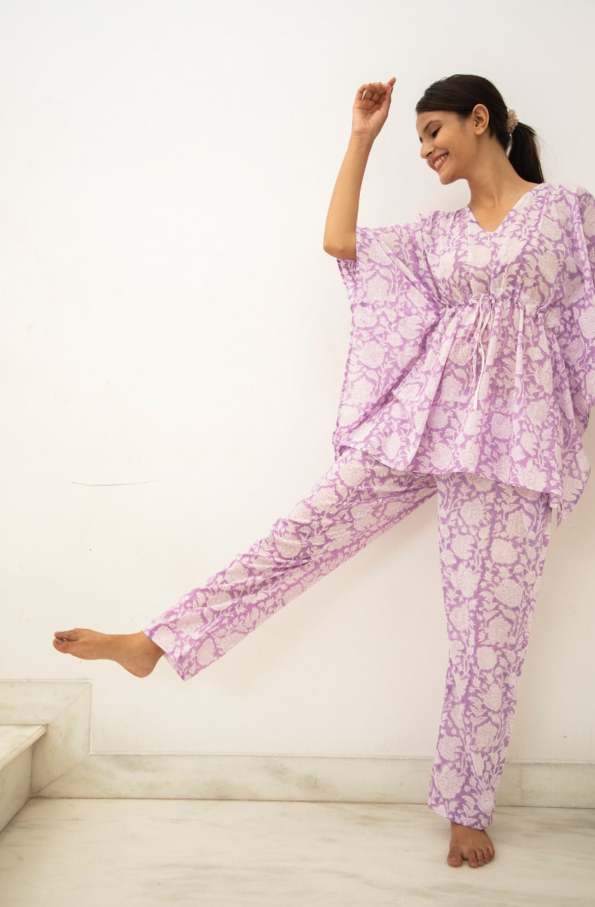 Dandelion Hand block Printed Cotton Kaftan Jammies