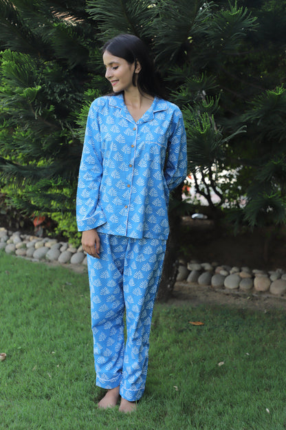 Aqua Soft Hand Block Printed cotton Full Jammies Set