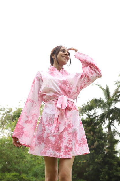 Flamingo Tie Dye Robe With Cotton Belt