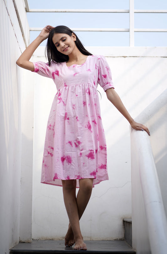 Roseate Tie Dye Puff Sleeve Cotton Dress