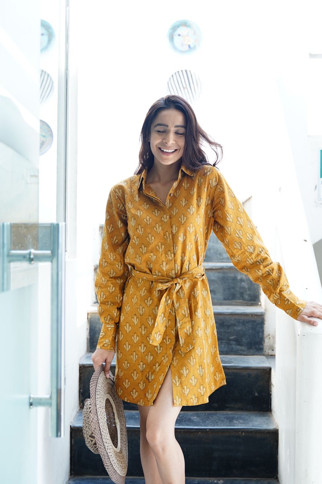 Butternut Dabu Print Tie Belt Shirt Dress