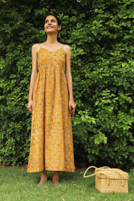 Lemon Curry Hand Block Print Gathered Dress