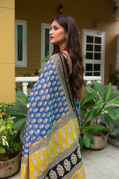 Timeless Blue - Hand Block Print Chanderi Silk Bagru Saree