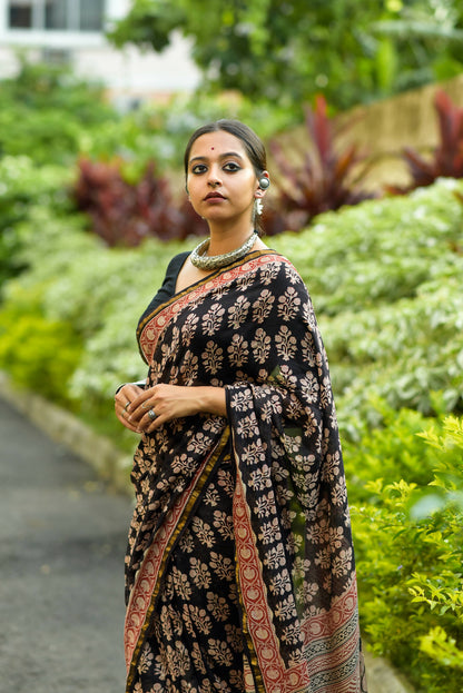 Night Blossom - Hand Block Print Chanderi Silk Saree