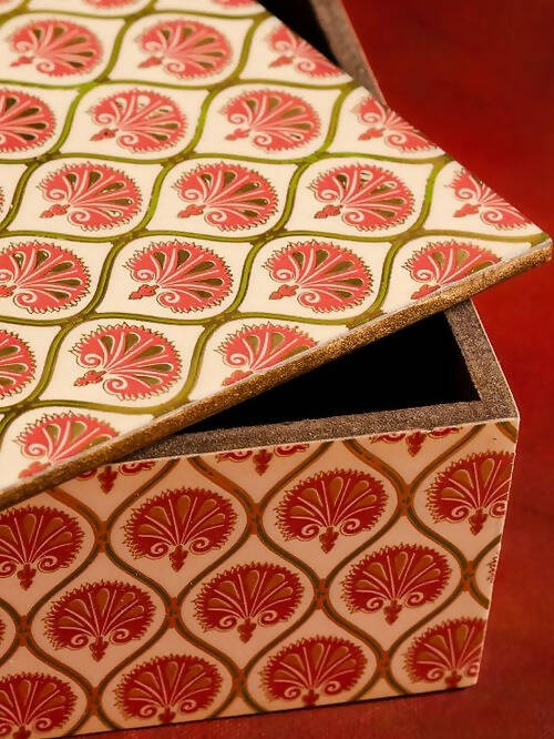Box Wooden Printed Moroccon Red and Gold Motif