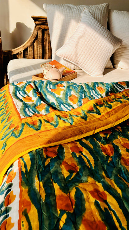 Yellow Tulip Block Print Reversible Quilt