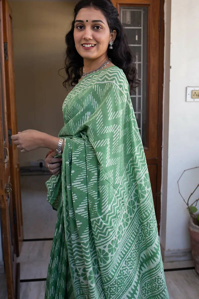 Strangers in Bangalore - Light Green Dabu Block Print Mulmul Cotton Saree