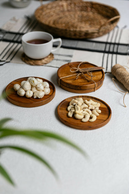 Solid Teak Wood Round Nibble/Snack Plate (Set of 2)