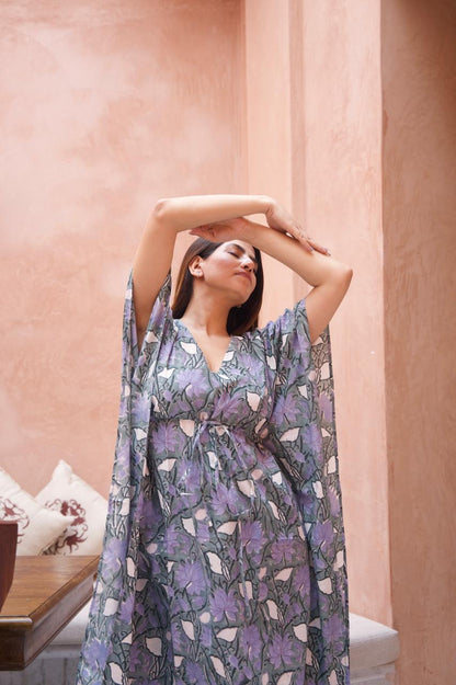 Sage Hand Block Cotton Kaftan