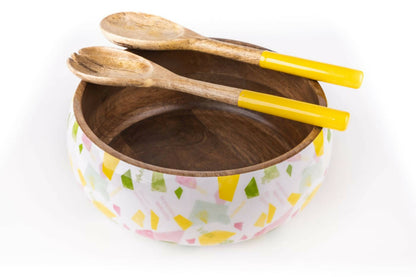 Salad Bowl + Server Set Wooden Confetti White