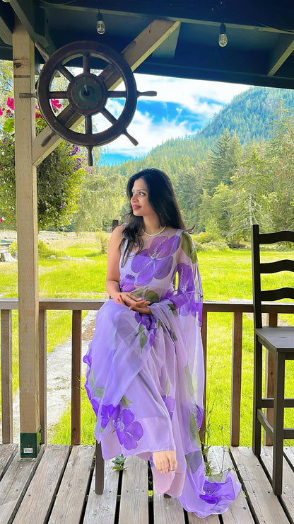 Lavender Hibiscus Chiffon Saree