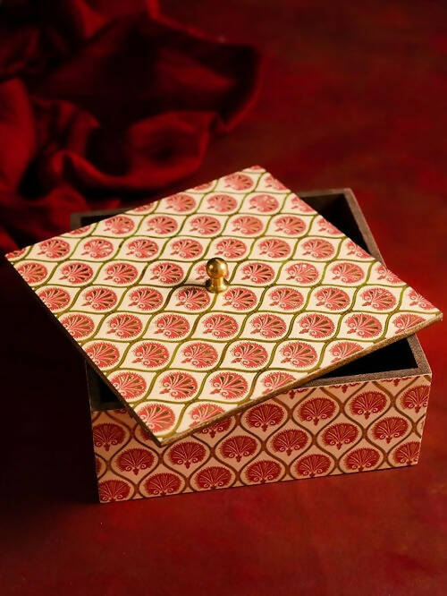 Box Wooden Printed Moroccon Red and Gold Motif