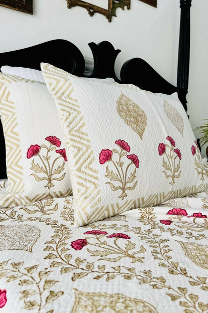 Rose Lily Handblock Printed Jacquard Bedcover