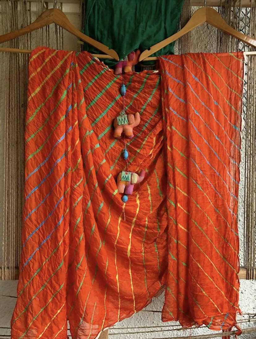 Orange Green Chiffon Lehriya Saree