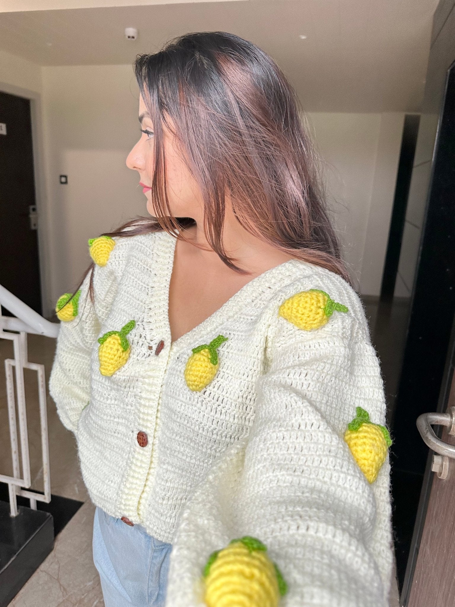 Lemon Love Crochet Sweater S Acrylic White