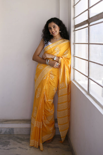 Sunshine Swirl - Yellow Haldi Hand Block Print Mulmul Cotton Bagru Saree