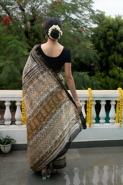 Morning Bliss - Hand Block Print Maheshwari Silk Bagru Saree