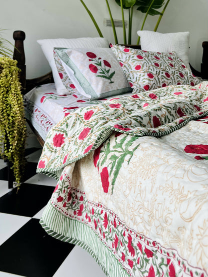 Red Poppy Hand Block Printed Cotton Bedding Set