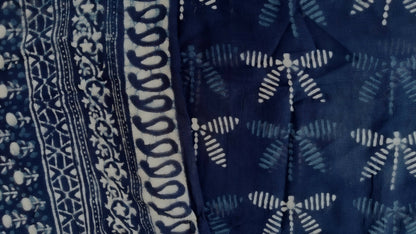 Indigo Dragonflies - Hand Block Print Mulmul Cotton Bagru Saree