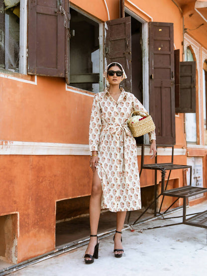 Peach Dress - Printed Cotton Shirt Dress