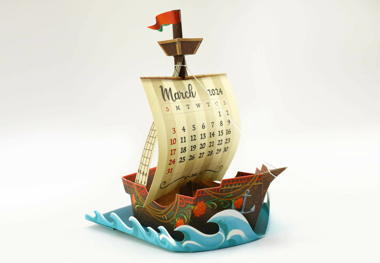 Adventure Ship Desk 3D Calendar 2024 & 2025 Diy Paper Craft Kit