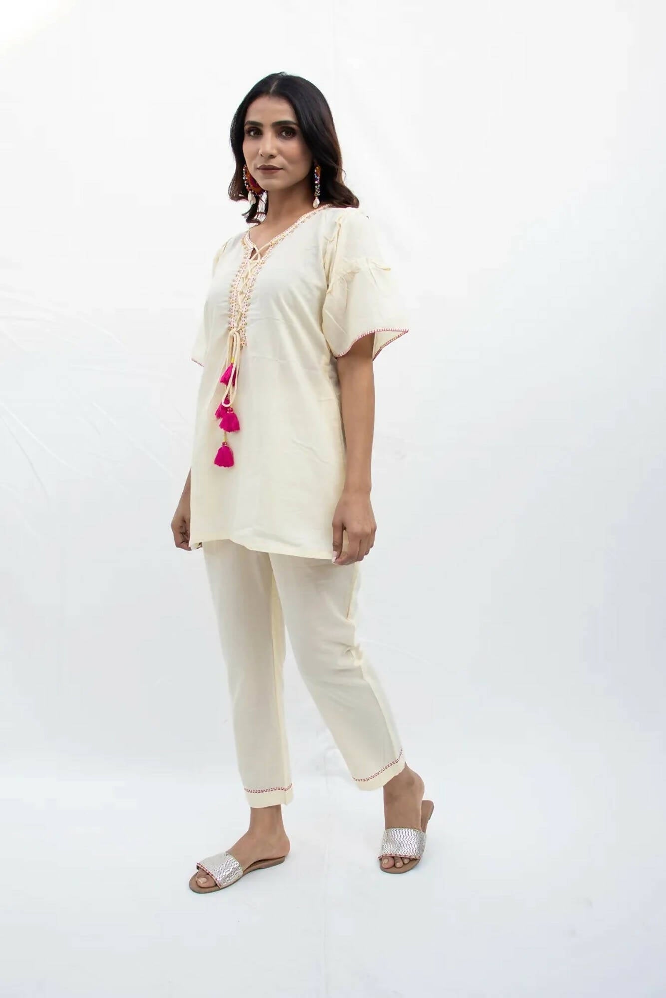 Miwa Ivory Cotton Coord Set with Katha Embroidery