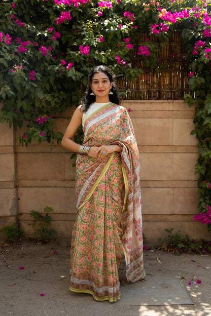 Tulip Garden - Light Green Hand Block Print Chanderi Silk Saree