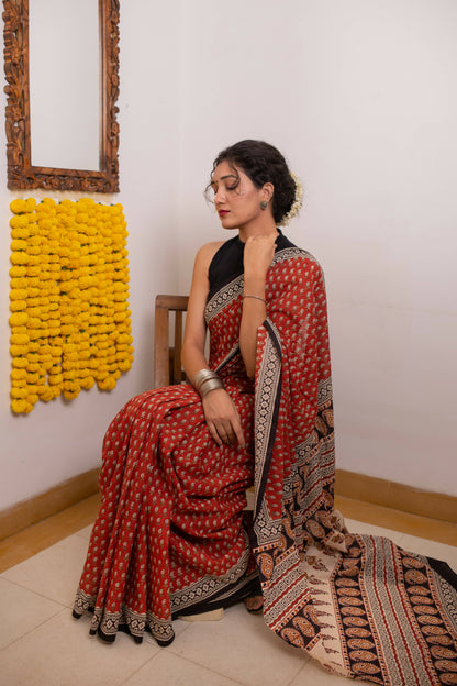 Ruby Red - Hand Block Print Mulmul Cotton Bagru Saree