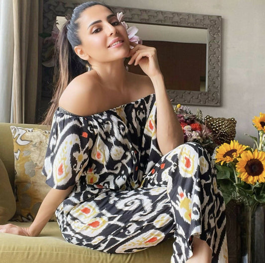 Charcoal Black Ikat Crop Top Pants Set