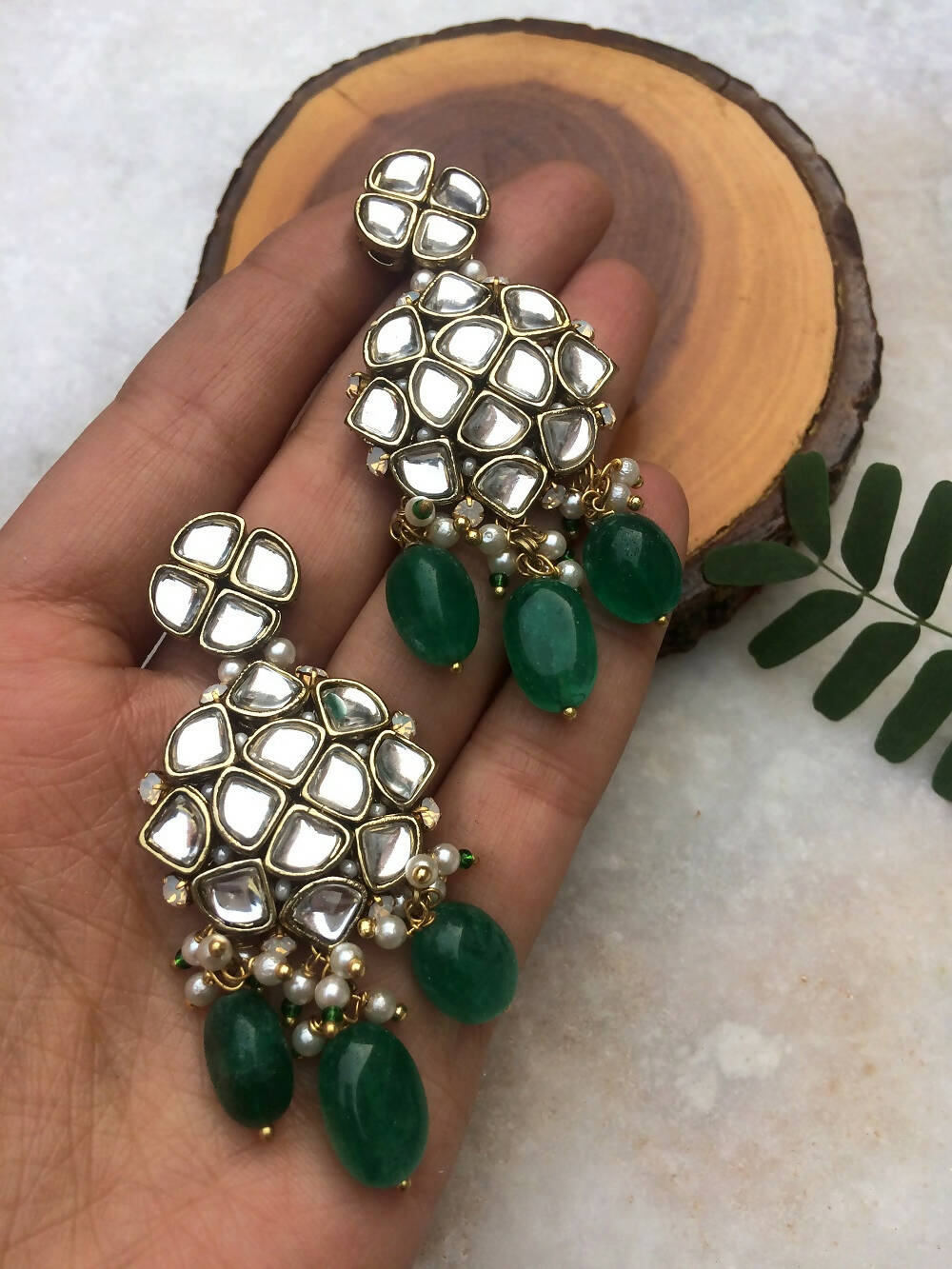 Natural Stone and Kundan Chandelier Earrings