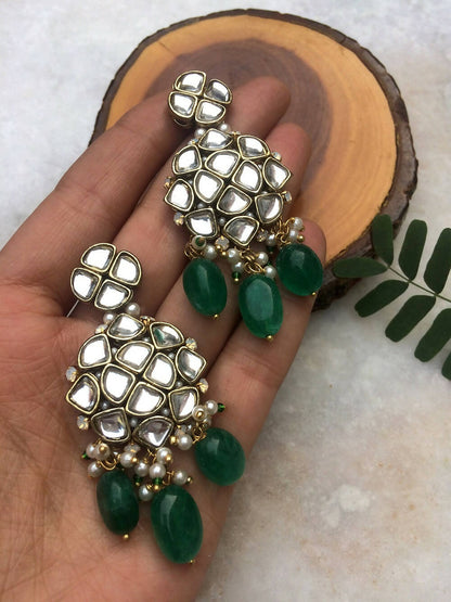 Natural Stone and Kundan Chandelier Earrings