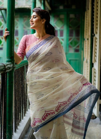 Padosan Block Print White Cotton Saree