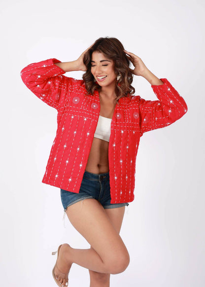 Red Hand Embroidered Thread Work Cotton Layered Jacket