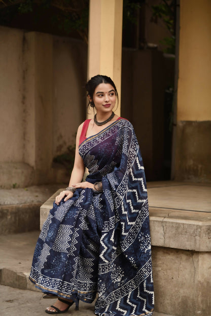 Indigo Waves - Hand Block Print Chanderi Silk Bagru Saree